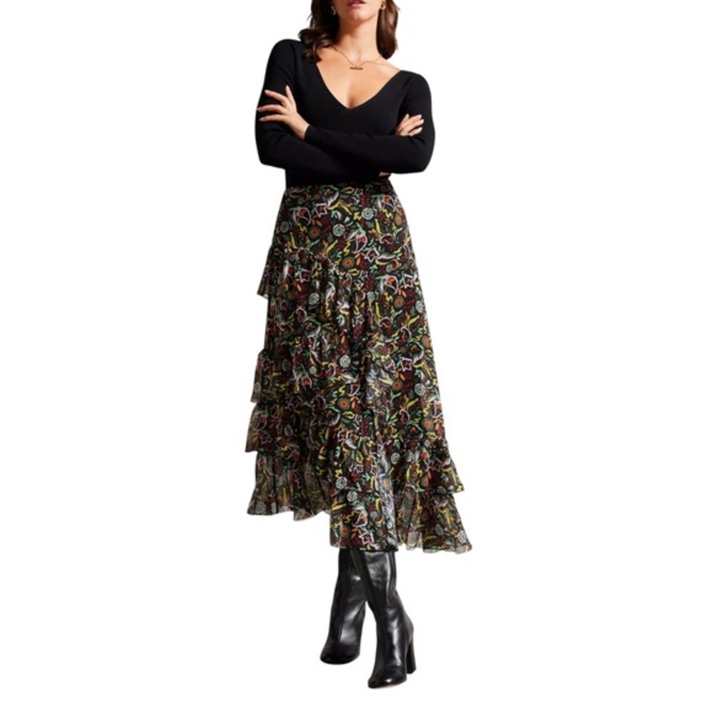 Ted Baker Size 1 US 4 Rianah Tiered Ruffled Asymmetric Floral‎ Midi Skirt